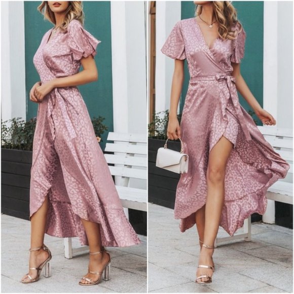 Bohemian Pink leopard Print Ruffle Wrap Butterfly Sleeve Satin Maxi Dress - Picture 2 of 3